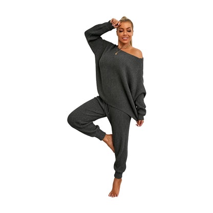 Women's Solid Drop Shoulder Sweater & Drawstring Waist Pants Two Piece Set