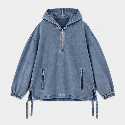 Unisex Cotton Washed Denim Oversized Half Zip Hoodie with Zip Pockets