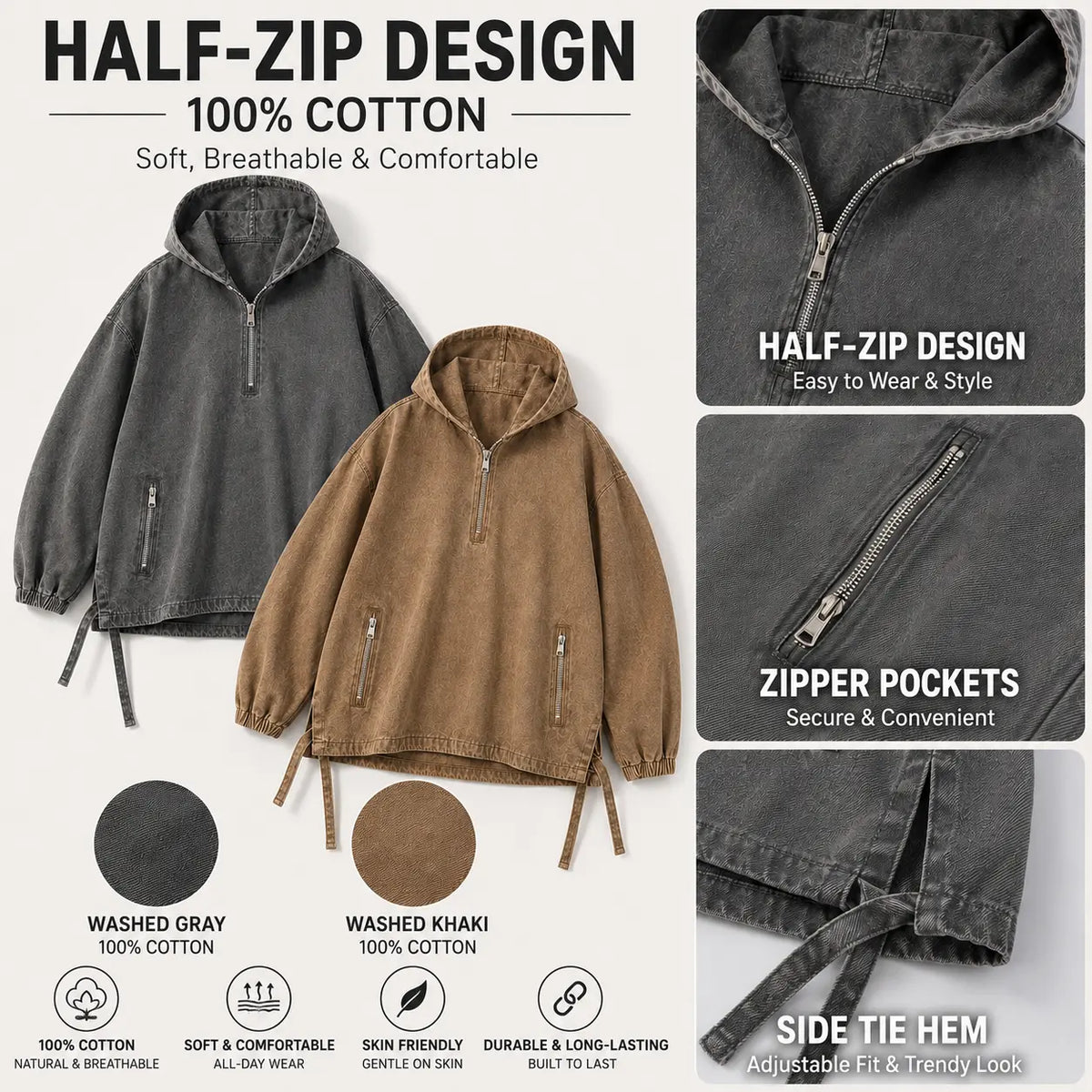 Unisex Cotton Washed Denim Oversized Half Zip Hoodie with Zip Pockets