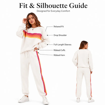 Women’s 2-Piece Loose-Fit Sweatshirt Set – Retro Rainbow Stripe Crewneck Sweatshirt & Casual Track Pants
