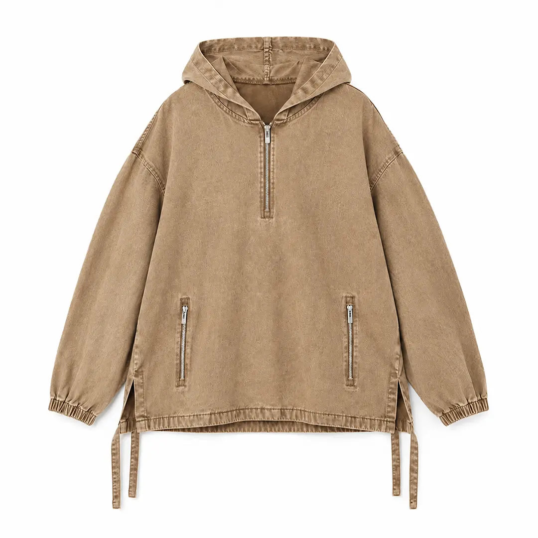 Unisex Cotton Washed Denim Oversized Half Zip Hoodie with Zip Pockets