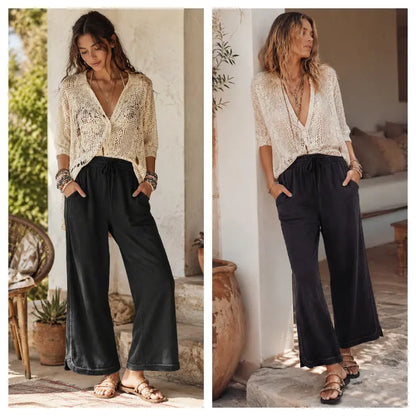 Women's High-Waist Drawstring Casual Wide-Leg Sweatpants